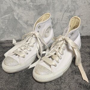 Custom White Converse High Tops Swarovski Crystal Encrusted Women’s 9